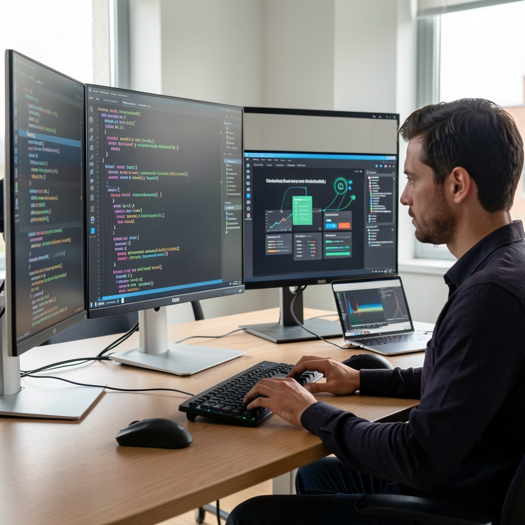 Novinar koristi artificijelnu inteligenciju na laptopu za analizu novinarskog sadržaja, ekran prikazuje algoritme i tekstualne analize