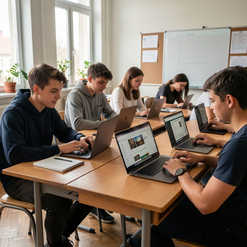Mladi studenti u učionici koji kritički analiziraju medijske sadržaje na laptopima pod vodstvom profesora