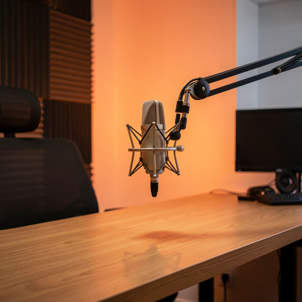 Moderan podcast studio s dva mikrofona postavljena na stolu ispred opreme za snimanje, naranđasta pozadinsko osvjetljenje