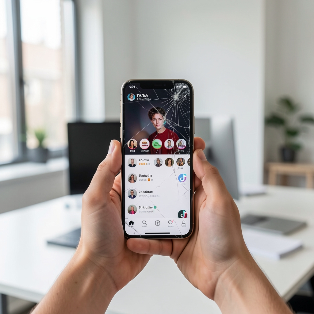 Zamagljeni pametni telefon s TikTok sučeljem na ekranu u rukama mlade osobe