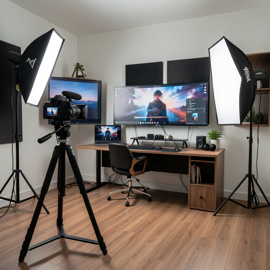 Kreator sadržaja snima video u kućnom YouTube studiju s profesionalnom rasvjetom, kamerom na stativu i ekranima u pozadini, moderan i uredan prostor za produkciju