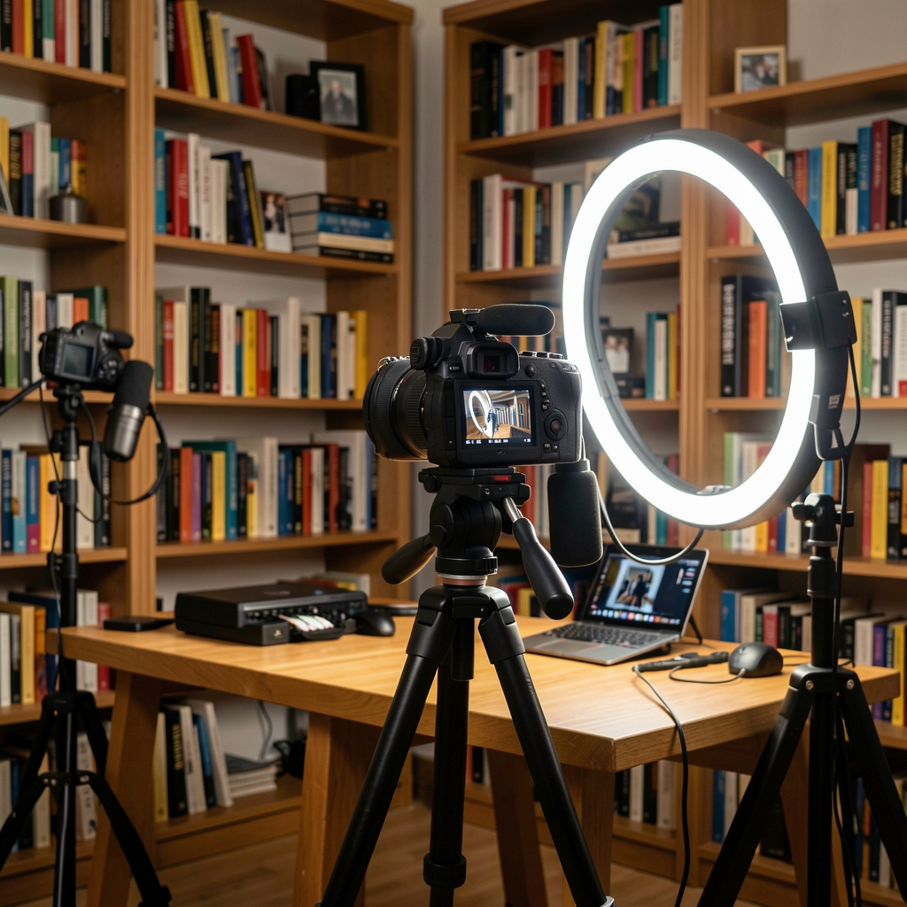 Mlada osoba snima video za YouTube kanal u kućnom studiju s profesionalnom rasvjetom i kamerom