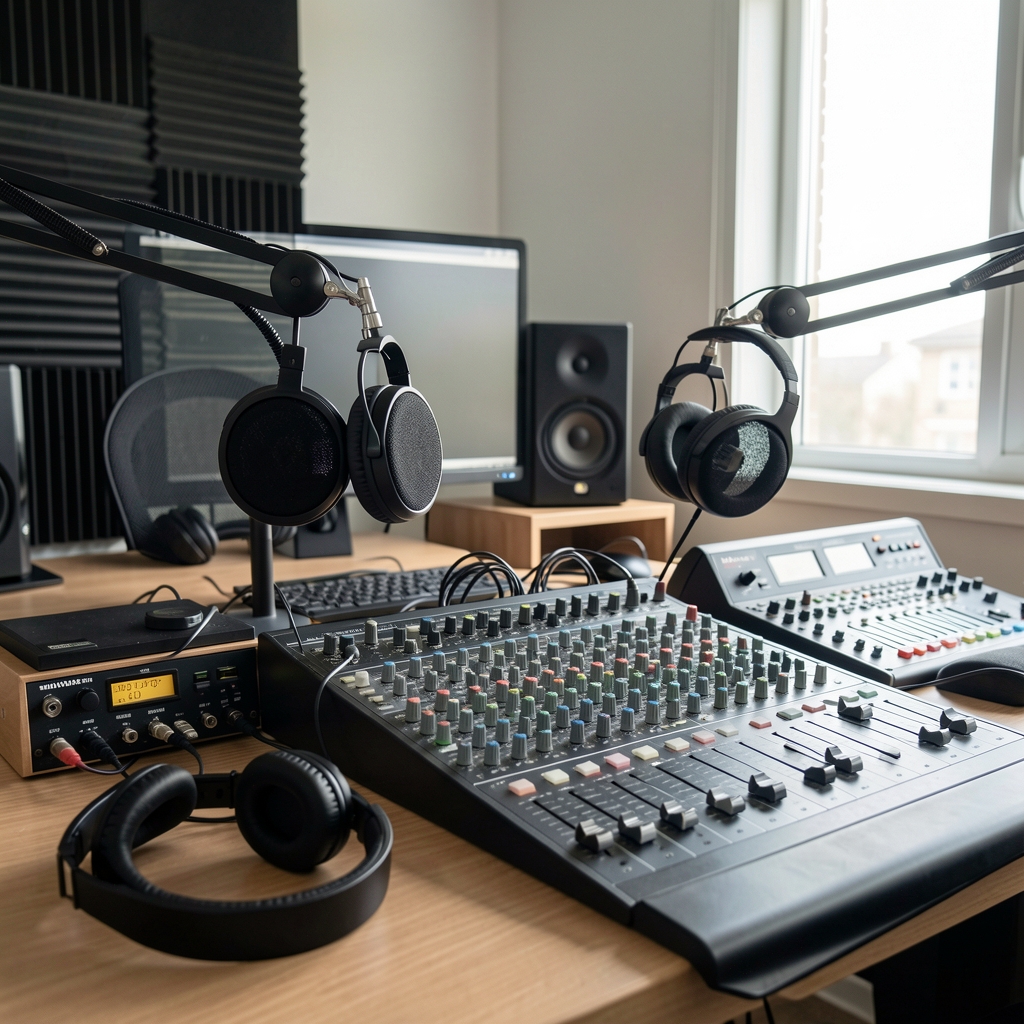 Studio za snimanje podcasta s profesionalnim mikrofonom, slušalicama i zvučnom izolacijom na zidovima